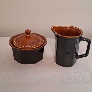 Vtg 70s Sears Ironstone Octagon Amber Creamer and Lidded Sugar Set.